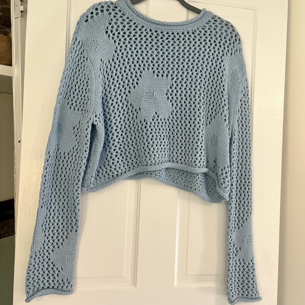 Baby Blue Knit Floral Cropped Sweater